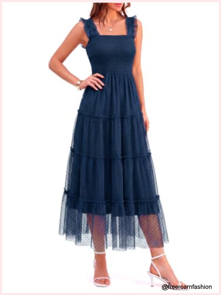 Tulle Polka Dot Smocked Midi Dress For Wedding Guest
